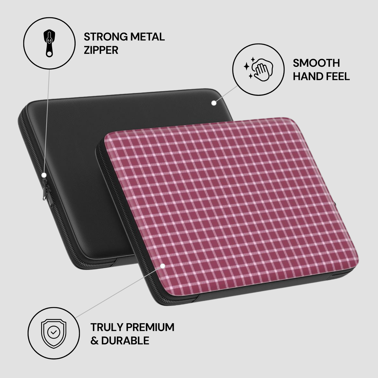 Pink checkered laptop sleeve with black zipper on a light gray background, featuring text about features.