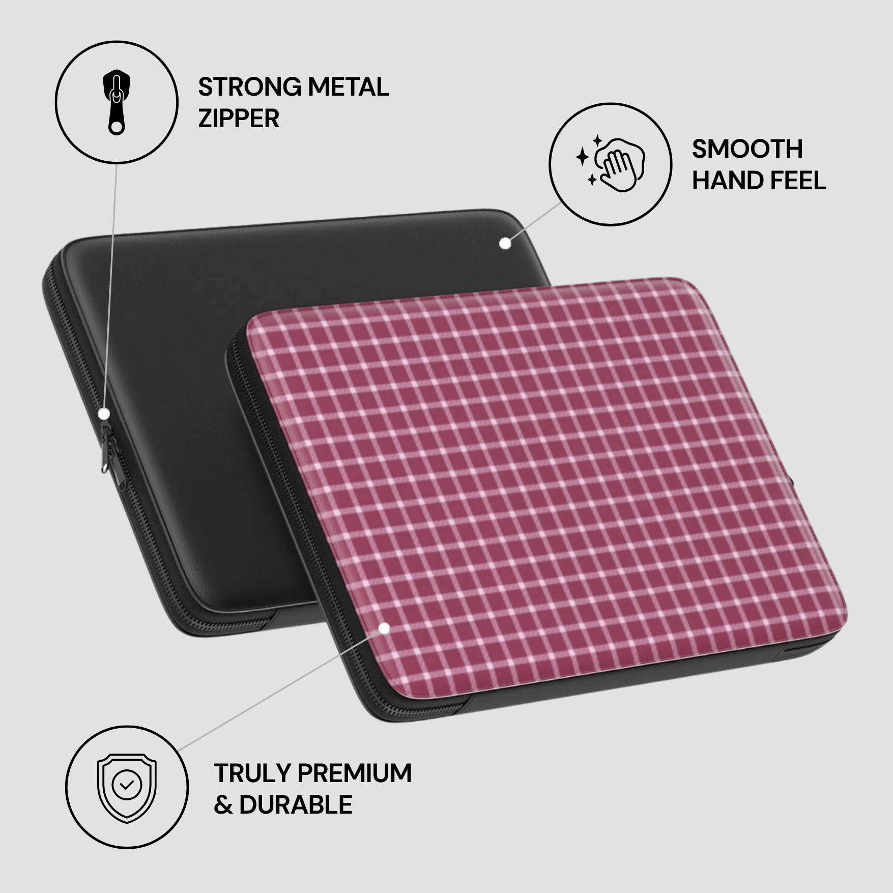 Pink checkered laptop sleeve with black zipper on a light gray background, featuring text about features.