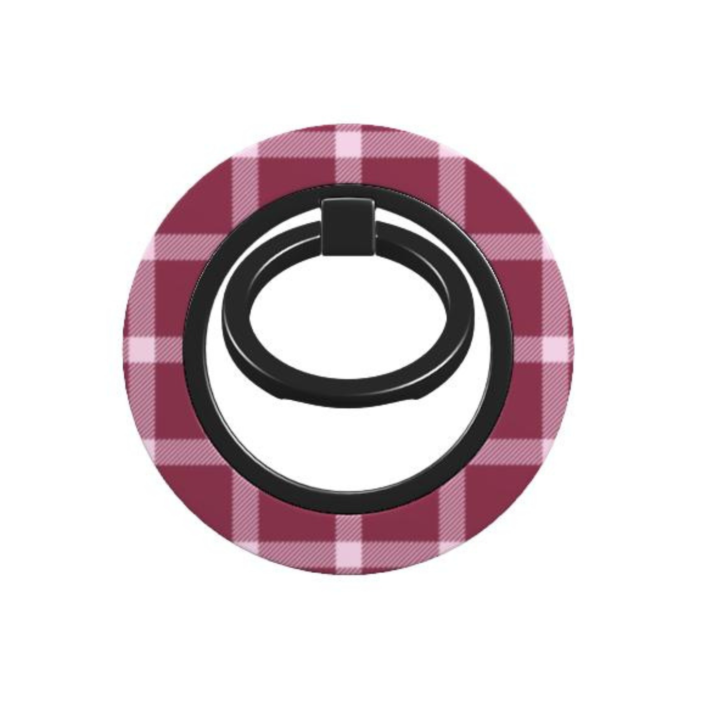 Plaid-patterned phone ring holder on a white background