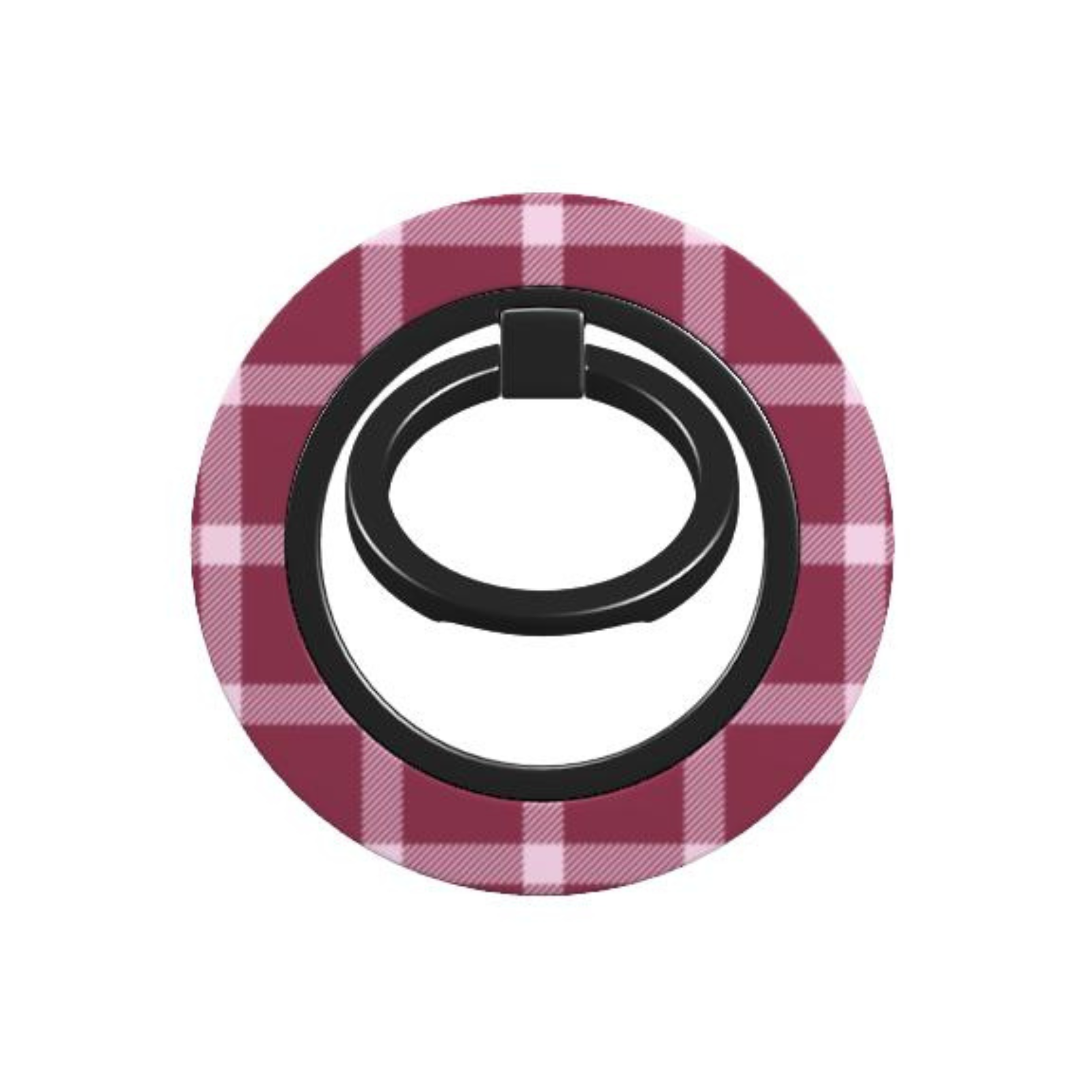 Plaid-patterned phone ring holder on a white background