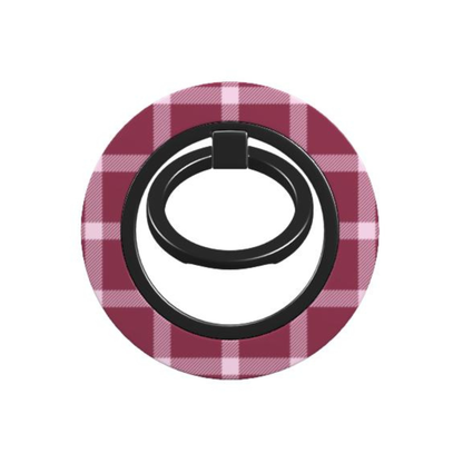 Plaid-patterned phone ring holder on a white background