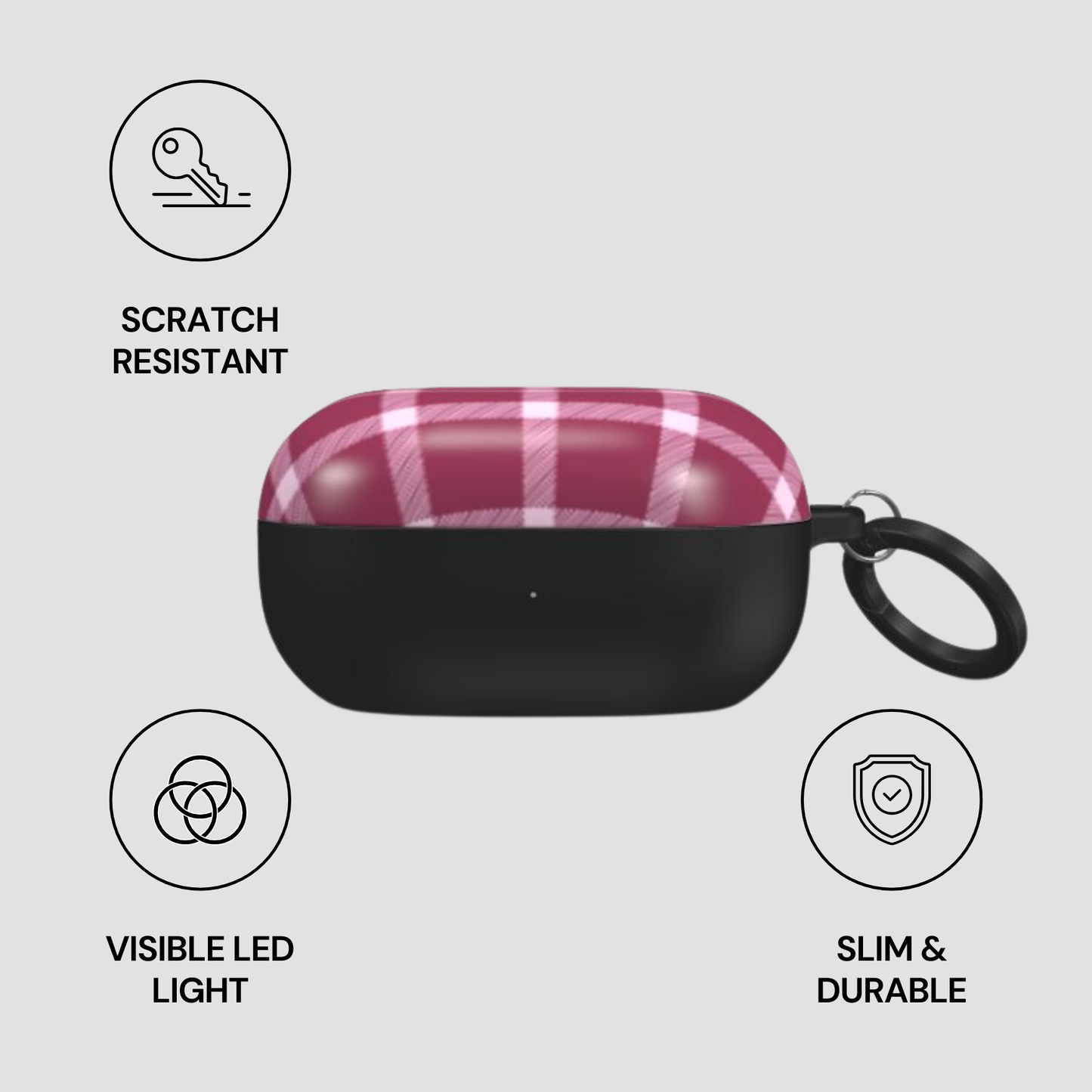 Plaid patterned case with keychain on a gray background, featuring scratch resistance, visible LED light, slim design, and durability.