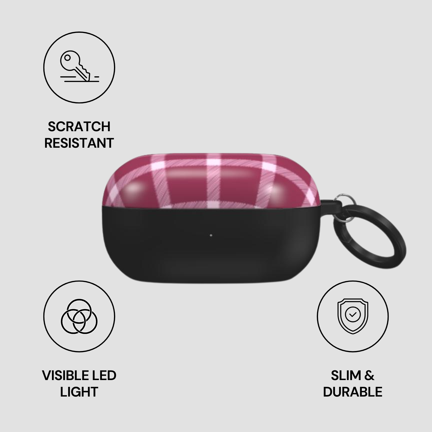 Plaid patterned case with keychain on a gray background, featuring scratch resistance, visible LED light, slim design, and durability.