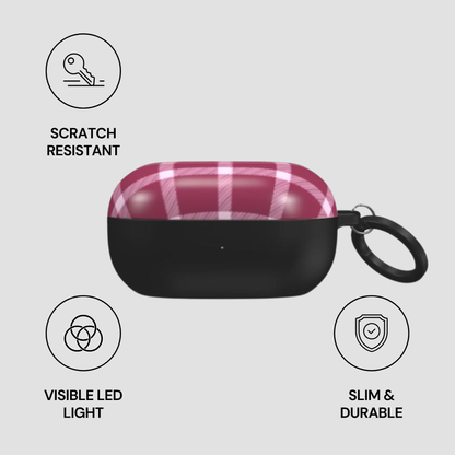 Plaid patterned case with keychain on a gray background, featuring scratch resistance, visible LED light, slim design, and durability.