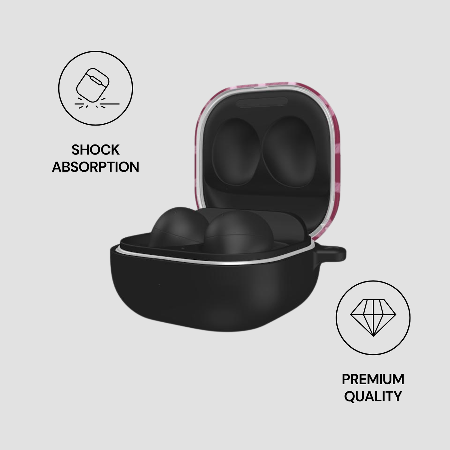 Black earbuds in an open case with 'Shock Absorption' and 'Premium Quality' icons on a light gray background.