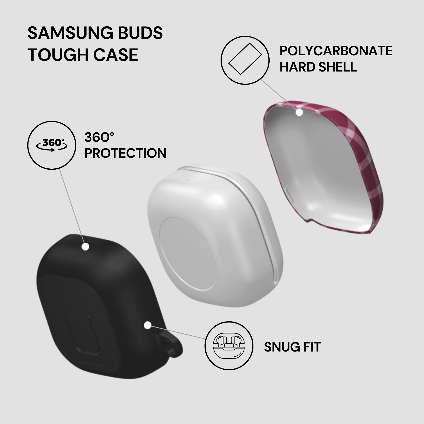 Samsung Buds Tough Case with features highlighted on a light gray background