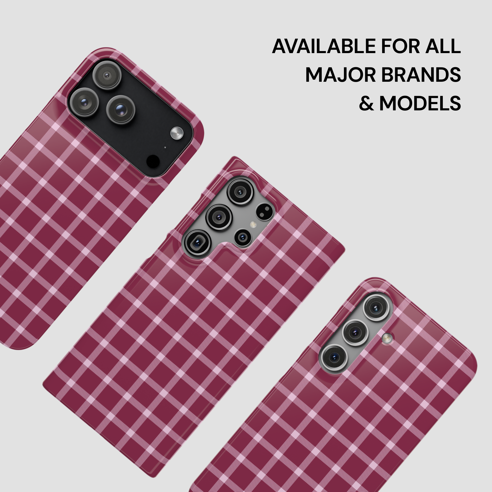 Red and white checkered phone case on a gray background with text 'Available for all major brands & models'.