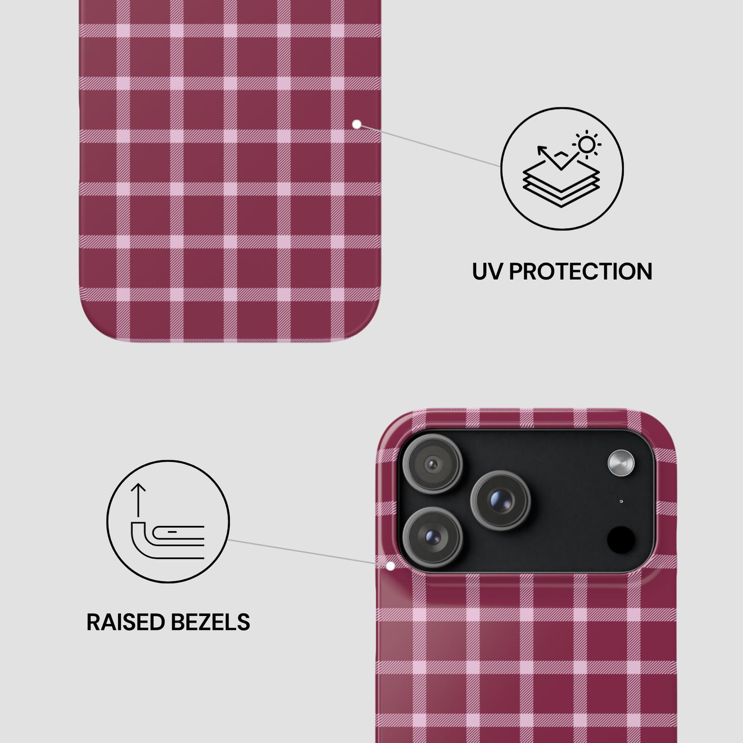 Plaid phone case with UV protection and raised bezels features on a white background
