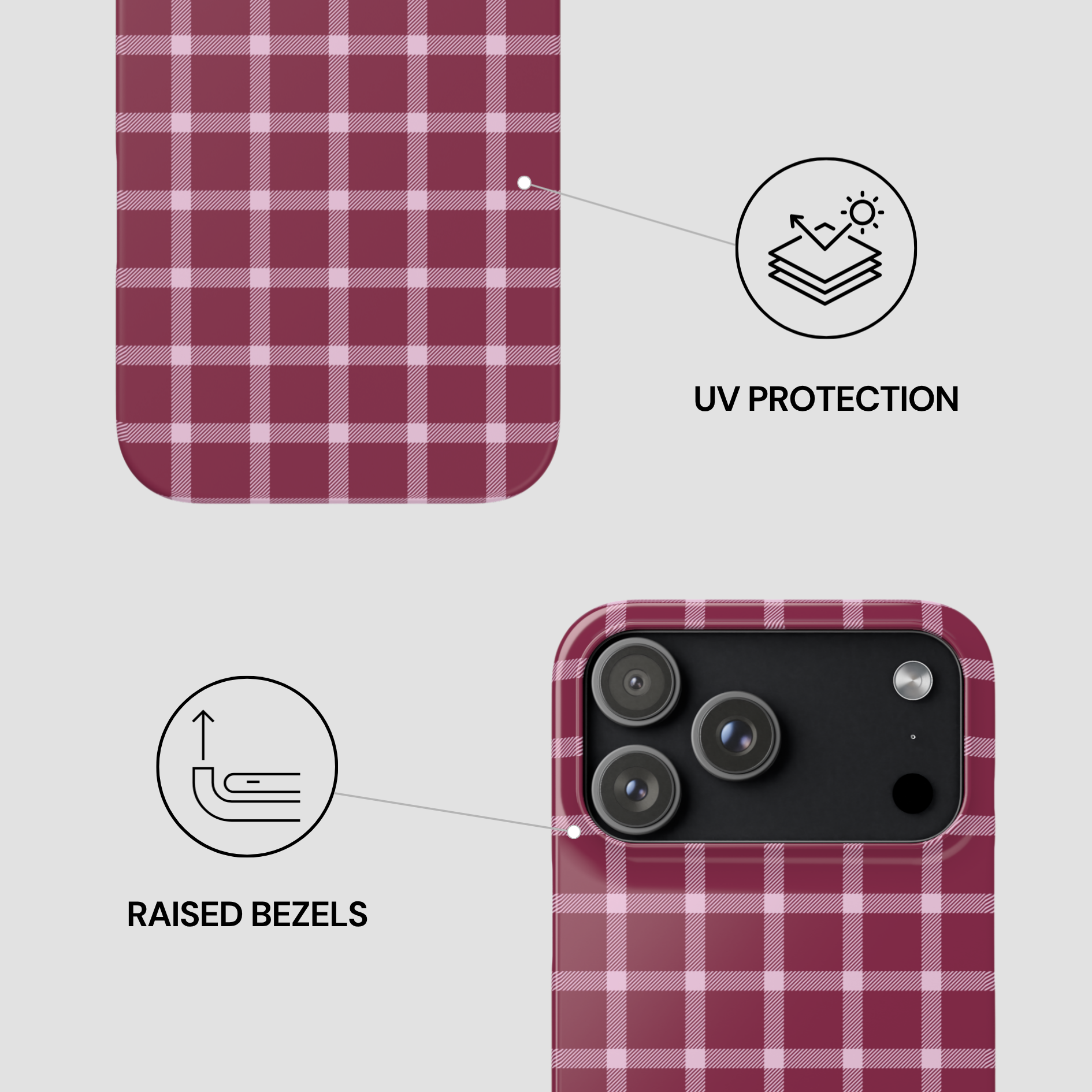Plaid phone case with UV protection and raised bezels features on a white background