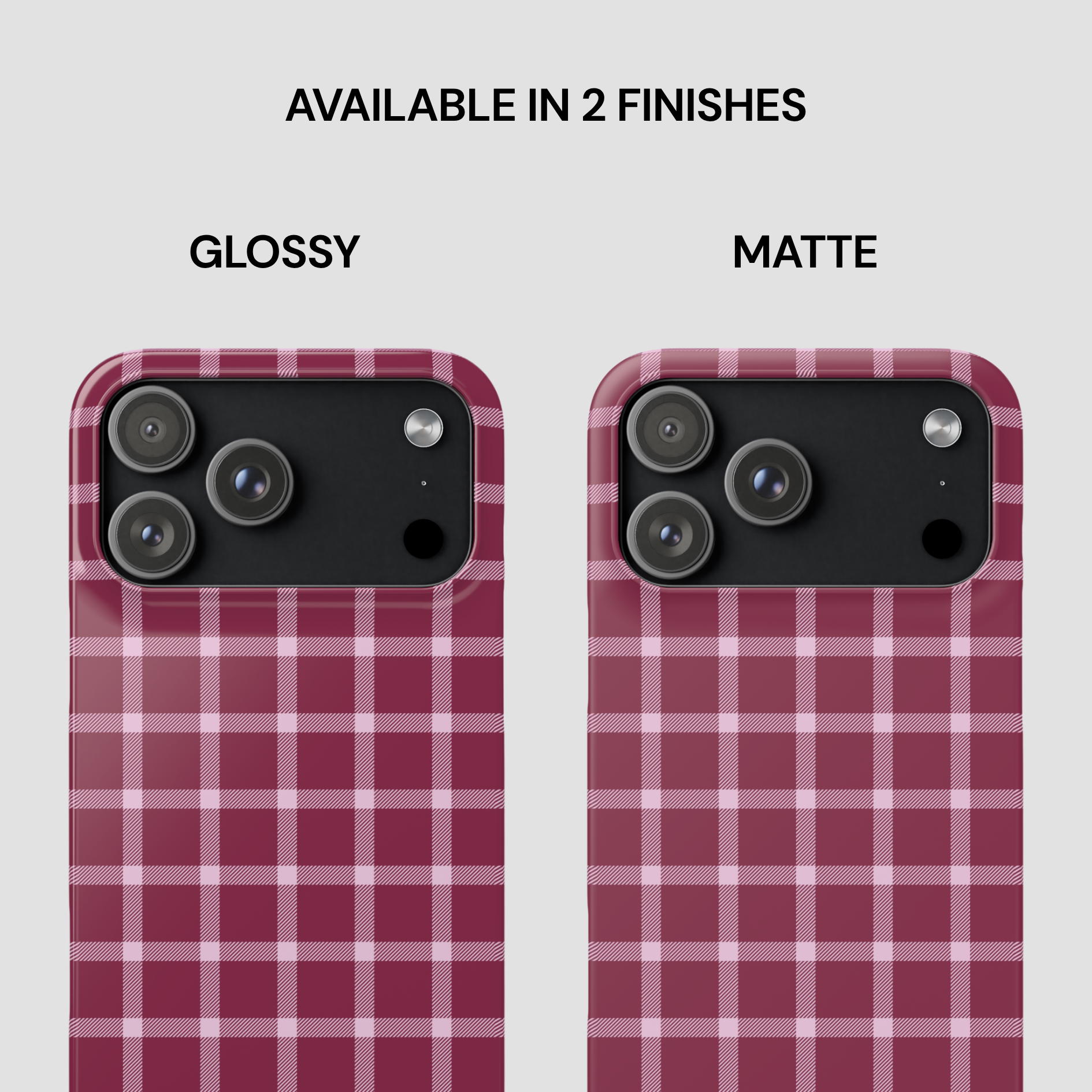 Two phone cases with red and white plaid pattern, one glossy and one matte, on a light gray background.