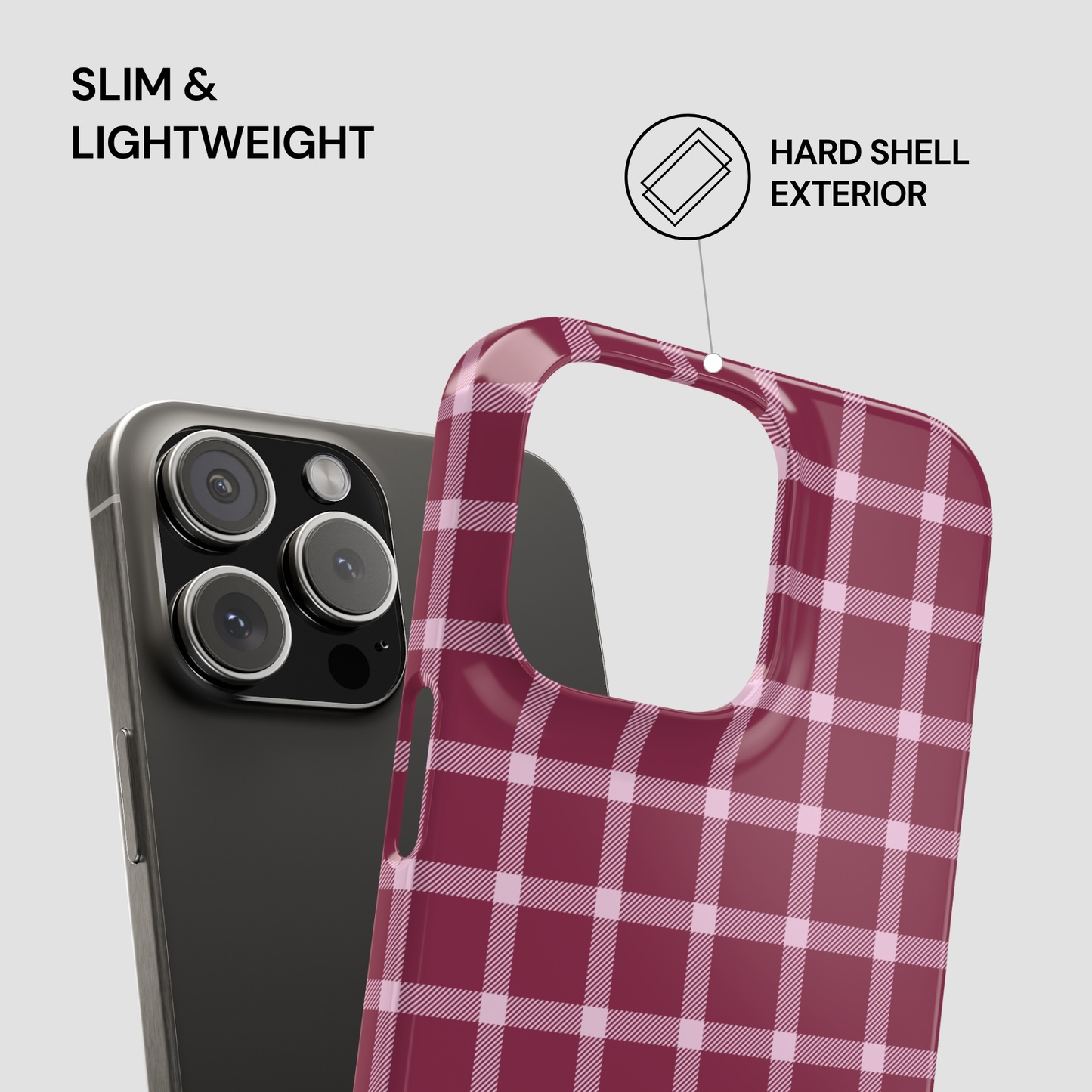 Red plaid phone case with smartphone on gray background, highlighting 'Slim & Lightweight' and 'Hard Shell Exterior' features.