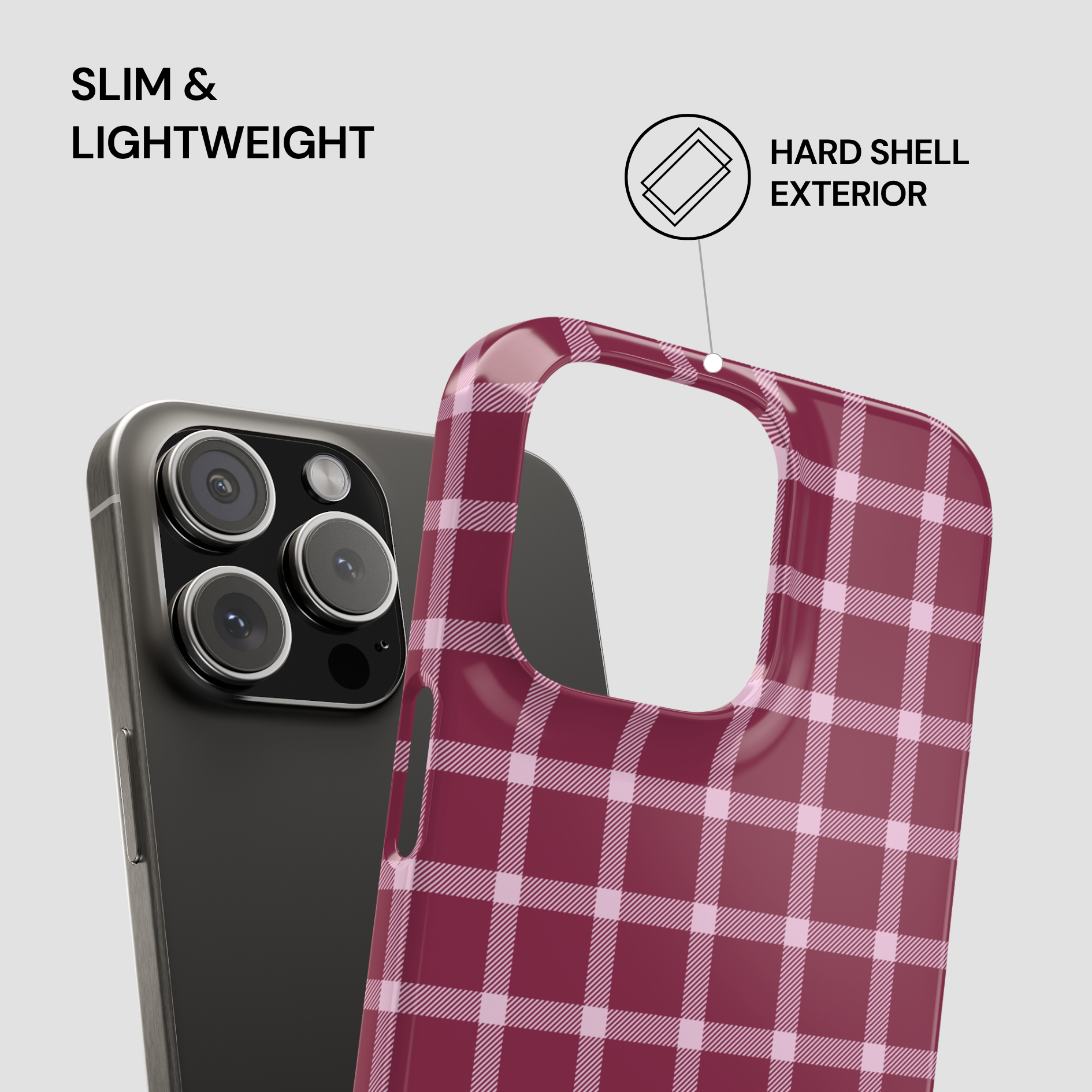 Red plaid phone case with smartphone on gray background, highlighting 'Slim & Lightweight' and 'Hard Shell Exterior' features.