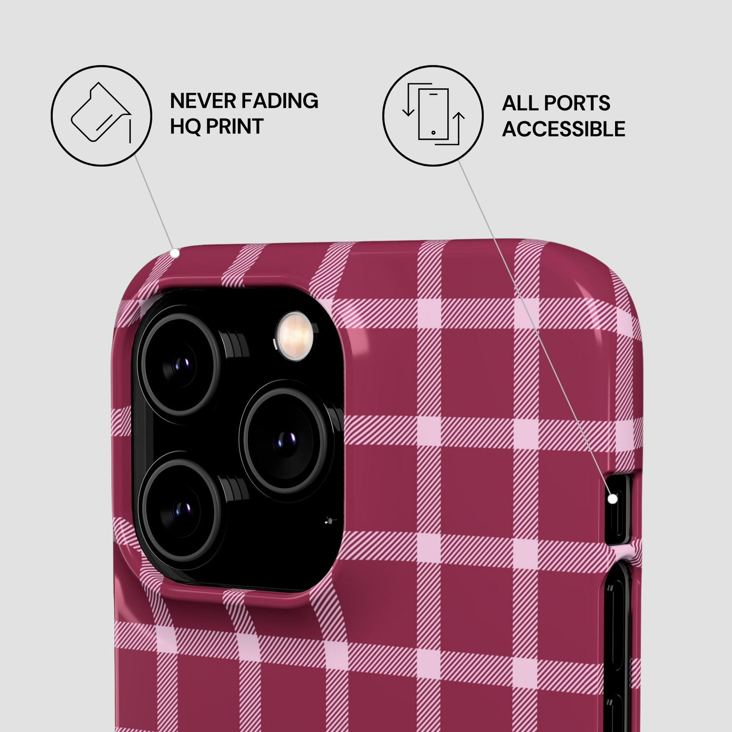 Plaid patterned phone case with features highlighted on a light gray background