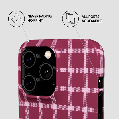 Plaid patterned phone case with features highlighted on a light gray background