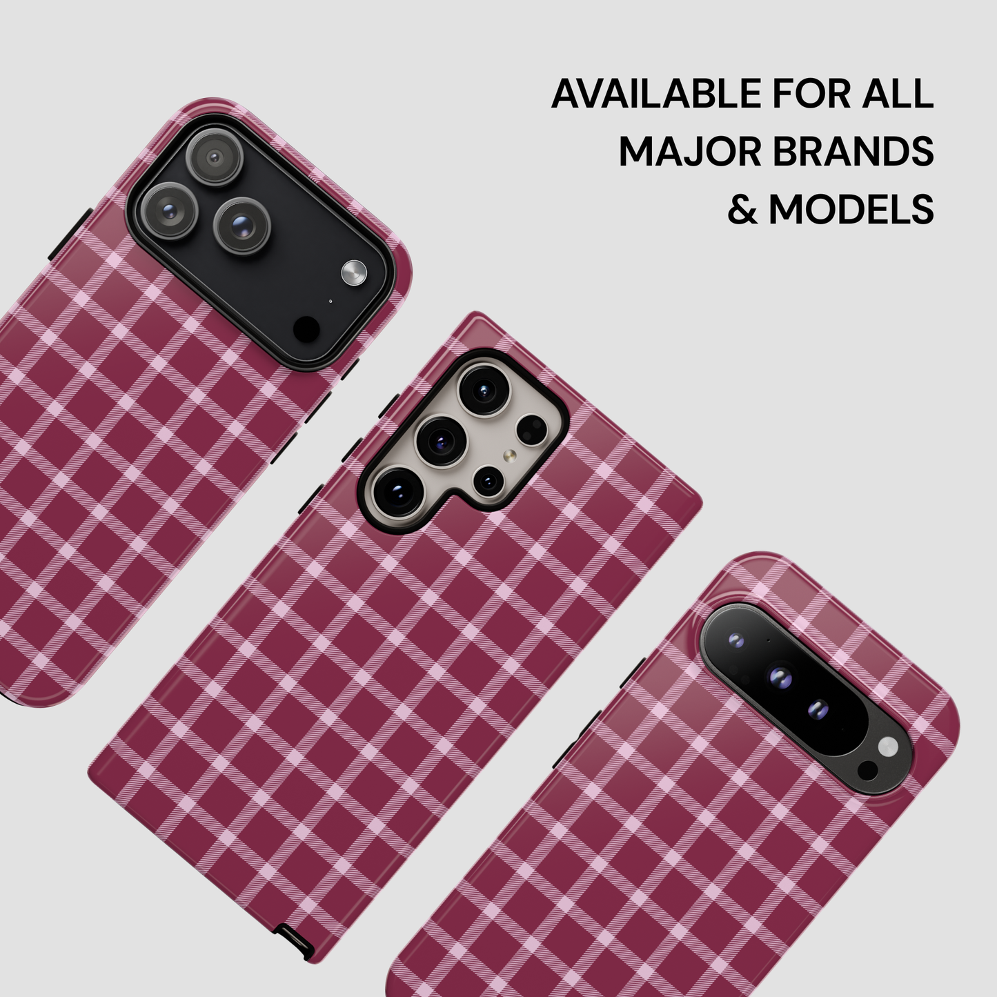 Three plaid phone cases on a light gray background with text indicating compatibility.