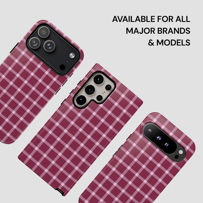 Three plaid phone cases on a light gray background with text indicating compatibility.