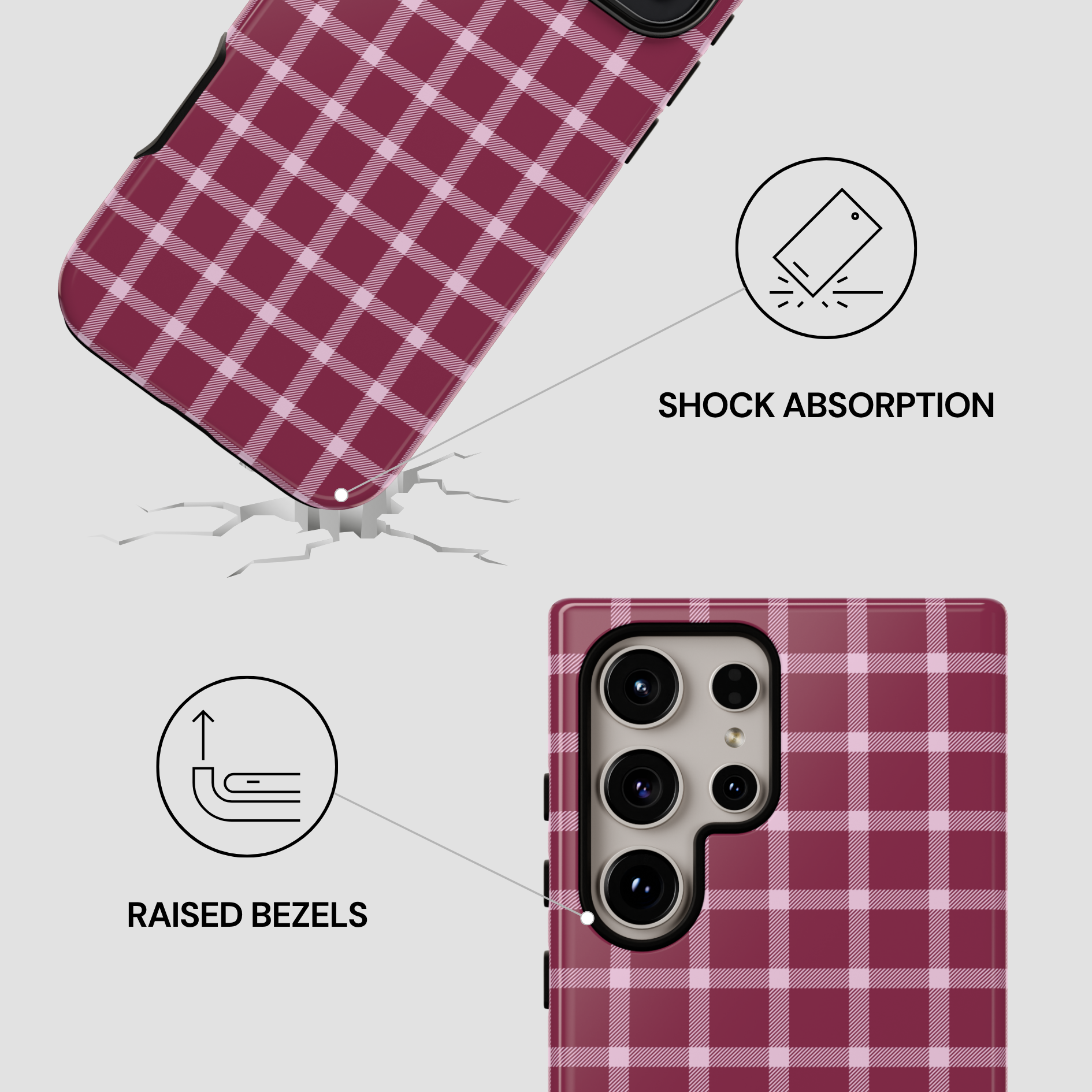 Pink plaid phone case with shock absorption and raised bezels features on a white background