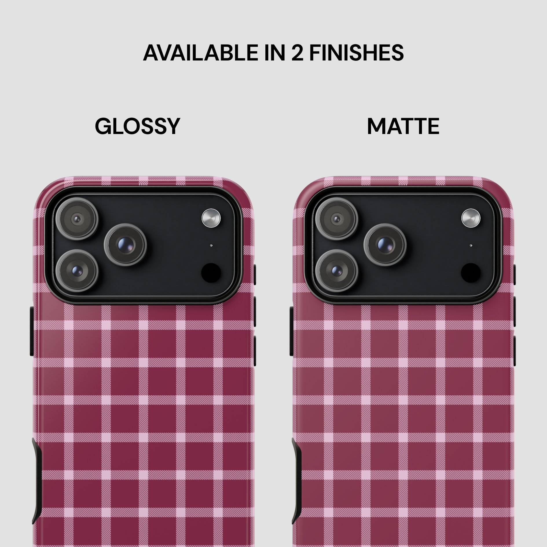 Two phone cases with a red plaid pattern, one glossy and one matte, on a white background.