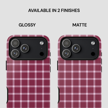 Two phone cases with a red plaid pattern, one glossy and one matte, on a white background.