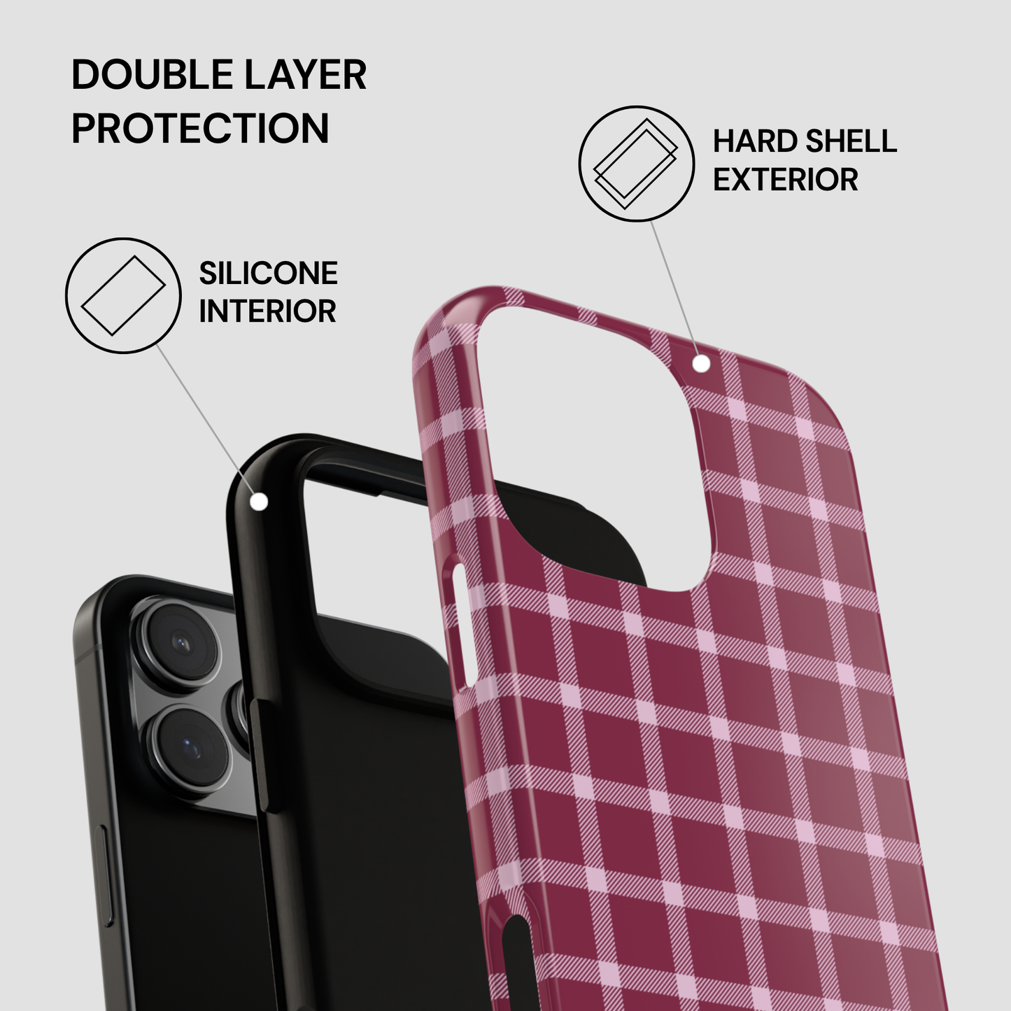 Plaid patterned phone case with text highlighting double layer protection on a gray background