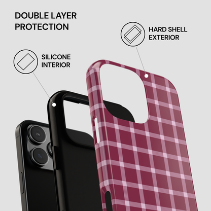 Plaid patterned phone case with text highlighting double layer protection on a gray background