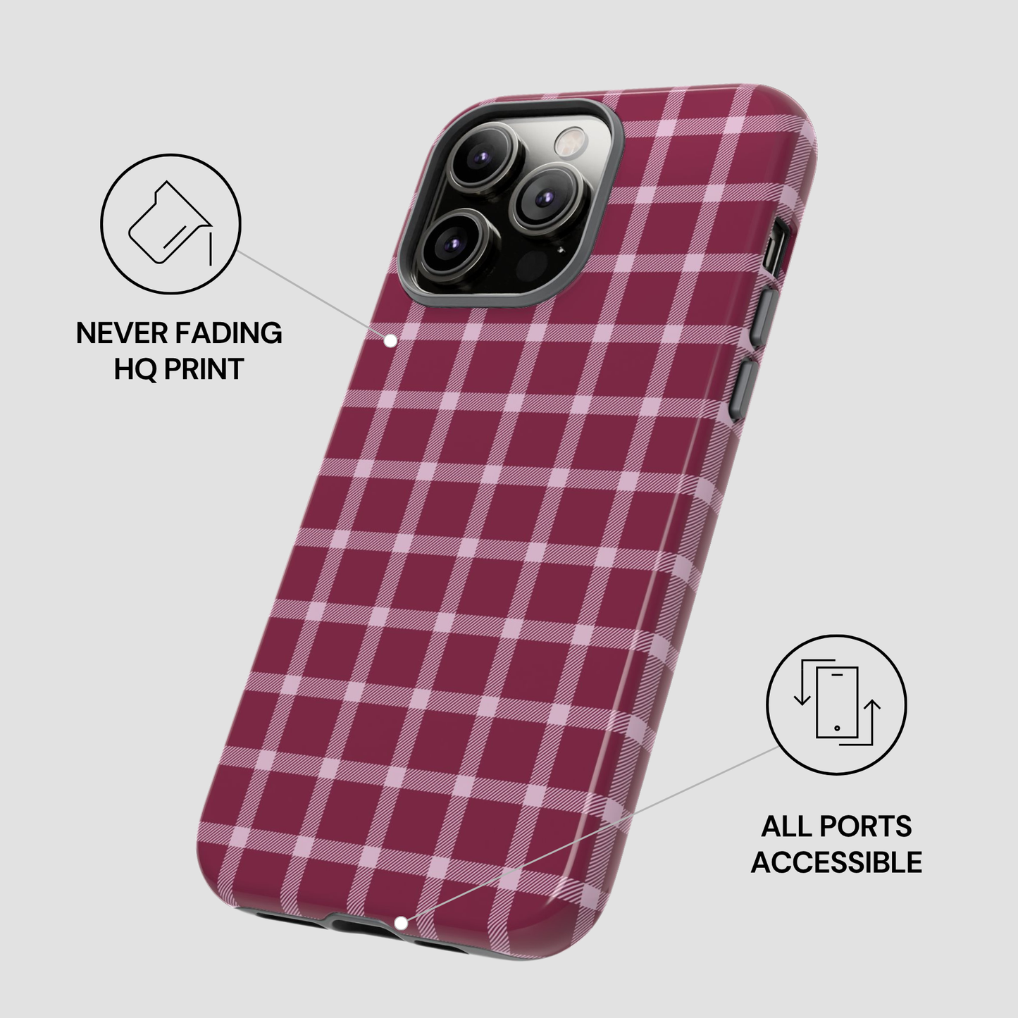 Plaid patterned phone case with text indicating 'Never Fading HQ Print' and 'All Ports Accessible' on a light gray background.
