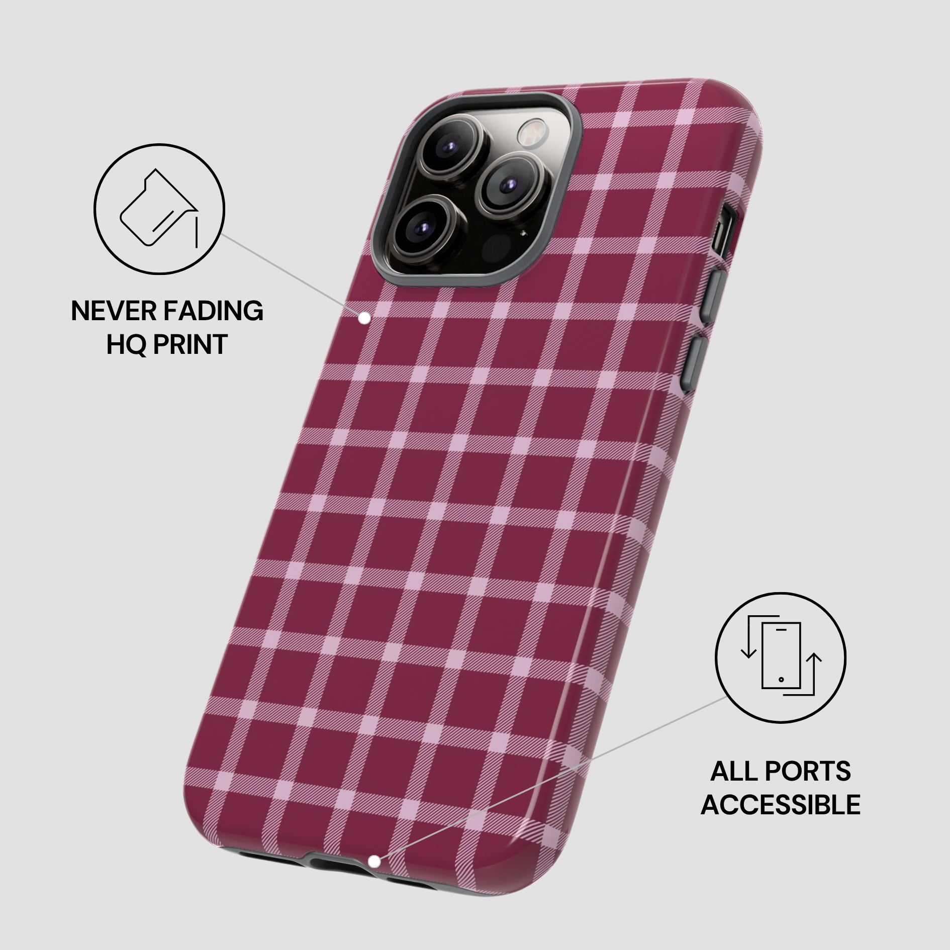 Plaid patterned phone case with text indicating 'Never Fading HQ Print' and 'All Ports Accessible' on a light gray background.