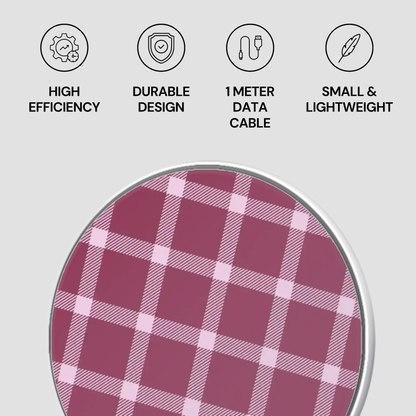 Product with plaid pattern and icons indicating high efficiency, durable design, 1 meter data cable, and small & lightweight features on a light gray background.