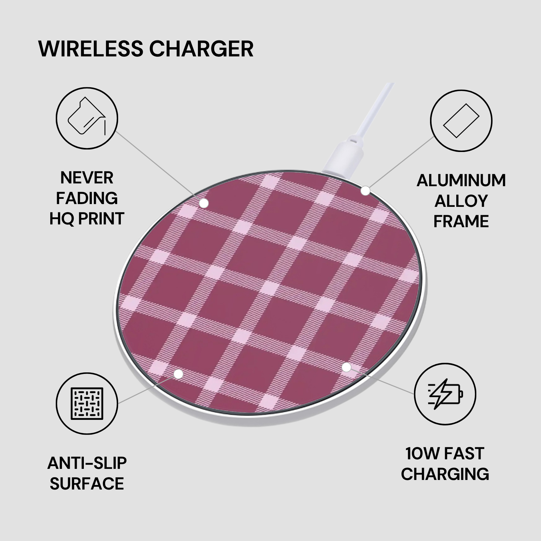 Wireless charger with plaid design on a gray background