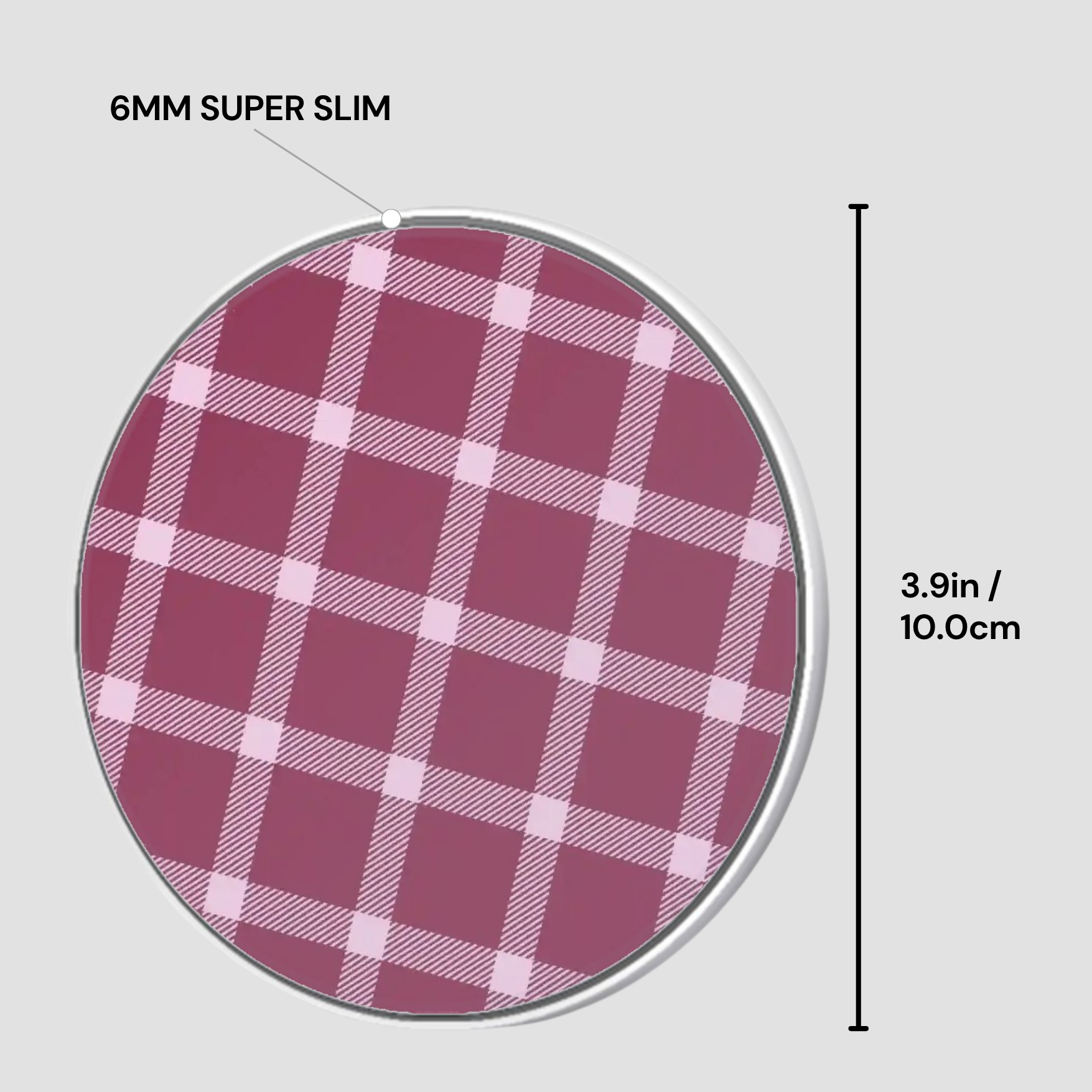 Pink and white checkered circular object with dimensions on a gray background