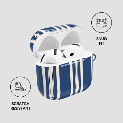 Blue and white striped case with wireless earbuds, featuring 'Snug Fit' and 'Scratch Resistant' icons on a light gray background.