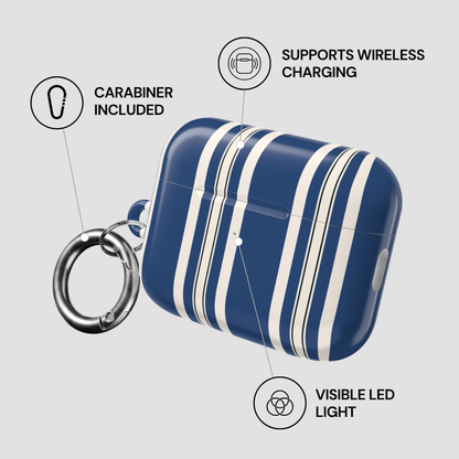 Blue and white striped case with carabiner and wireless charging features on a gray background