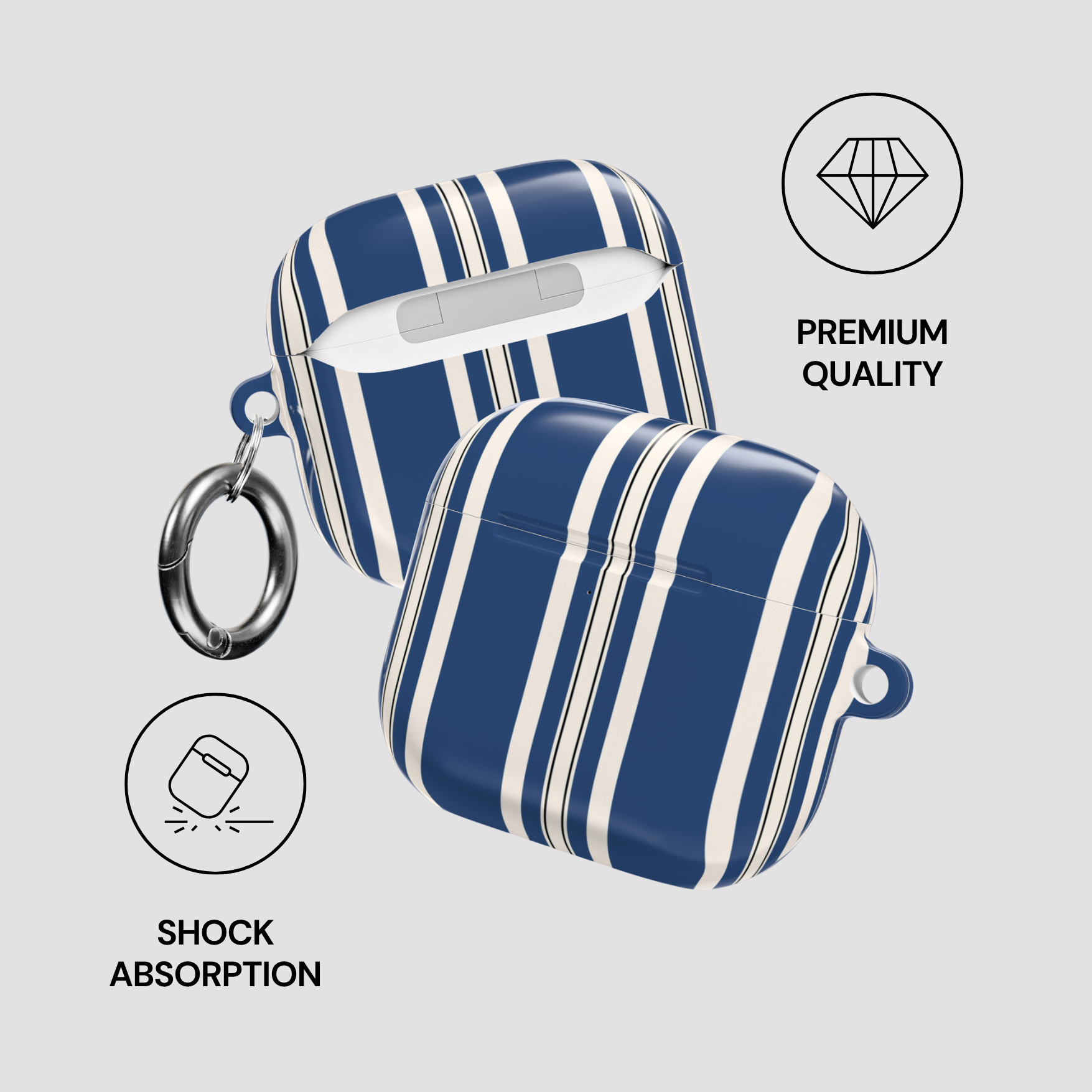 Blue and white striped case with a keychain on a light gray background