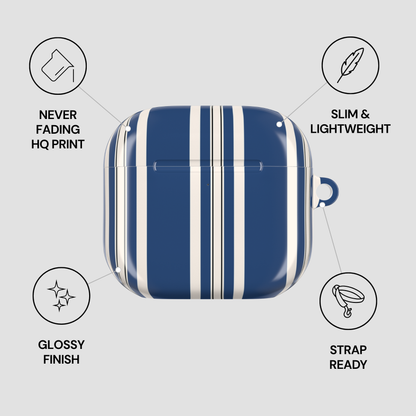 Blue and white striped case with features listed on a gray background