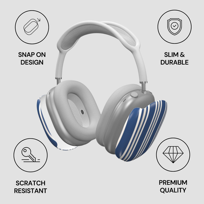 Gray headphones with blue accents on a light gray background with feature icons.
