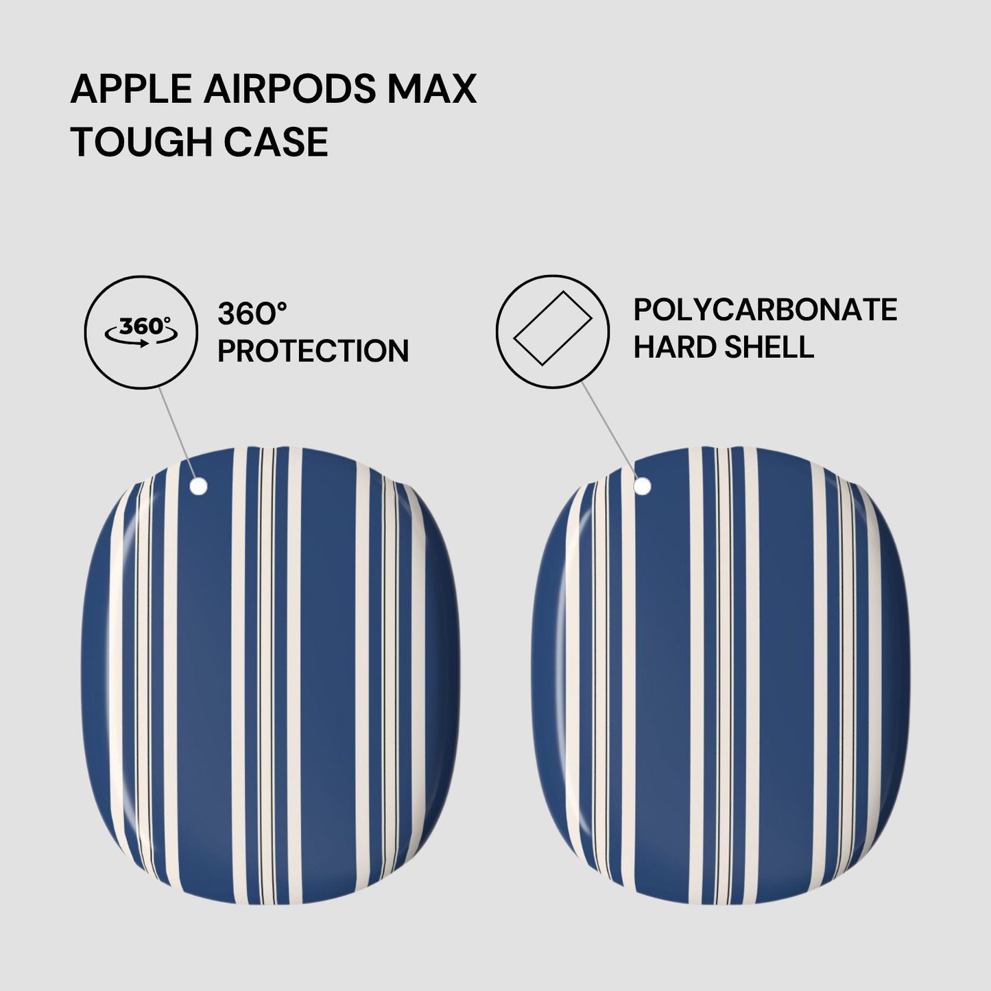 Blue striped protective case for Apple AirPods Max with text highlighting features on a gray background