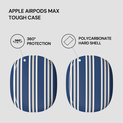 Blue striped protective case for Apple AirPods Max with text highlighting features on a gray background
