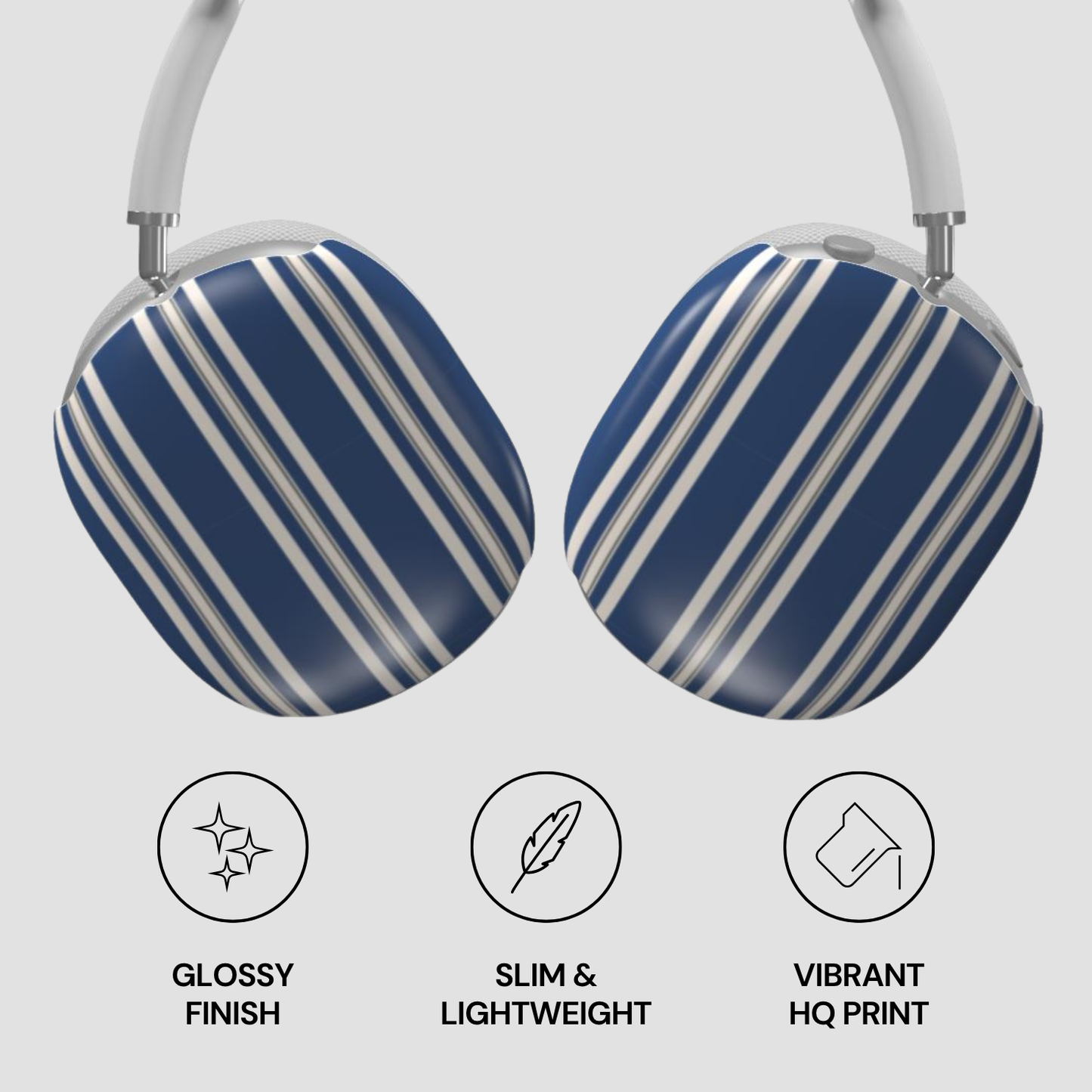 Blue and white striped bra with glossy finish, slim design, and vibrant print on a light gray background.