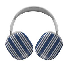 Pair of blue and white striped headphones on a white background