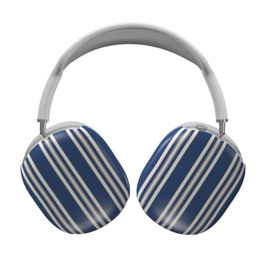 Pair of blue and white striped headphones on a white background