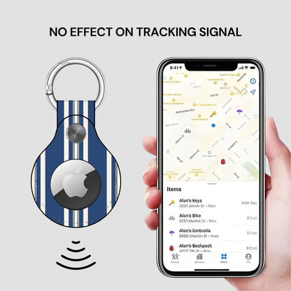 Smart keychain with Apple logo and phone displaying location app on gray background