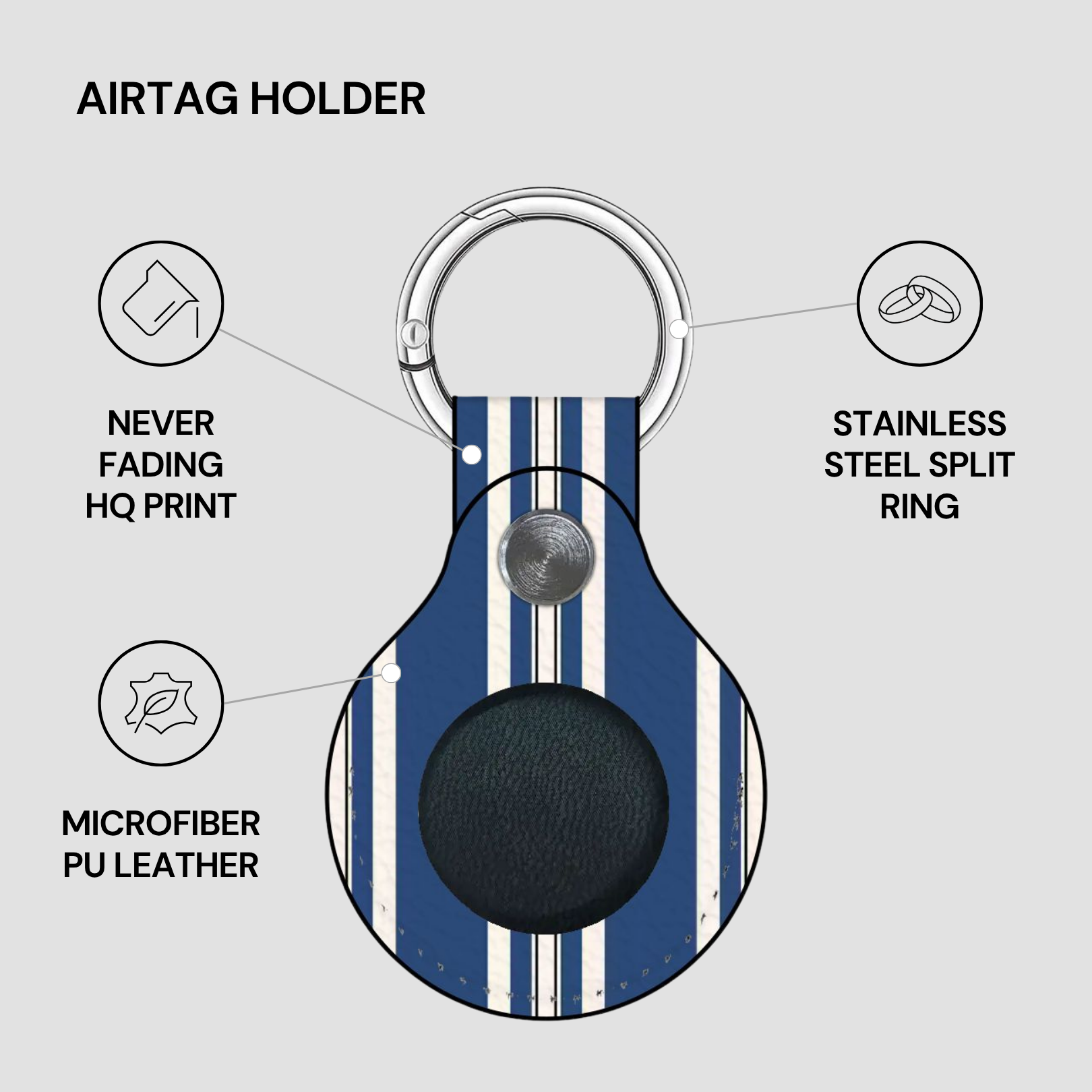 Airtag holder with blue and white striped design on a gray background