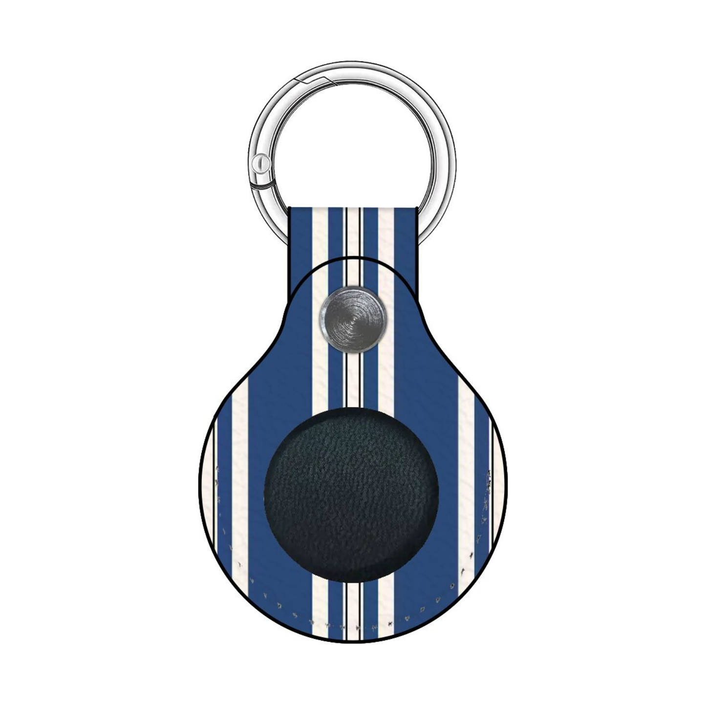 Keychain with blue and white striped pattern and black round tag on a white background