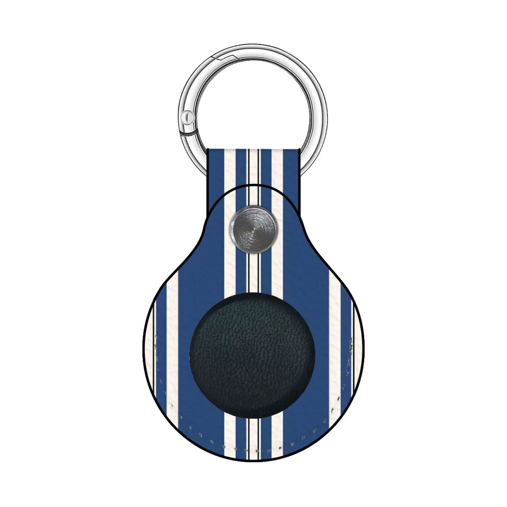 Keychain with blue and white striped pattern and black round tag on a white background