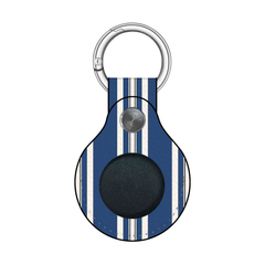 Keychain with blue and white striped pattern and black round tag on a white background