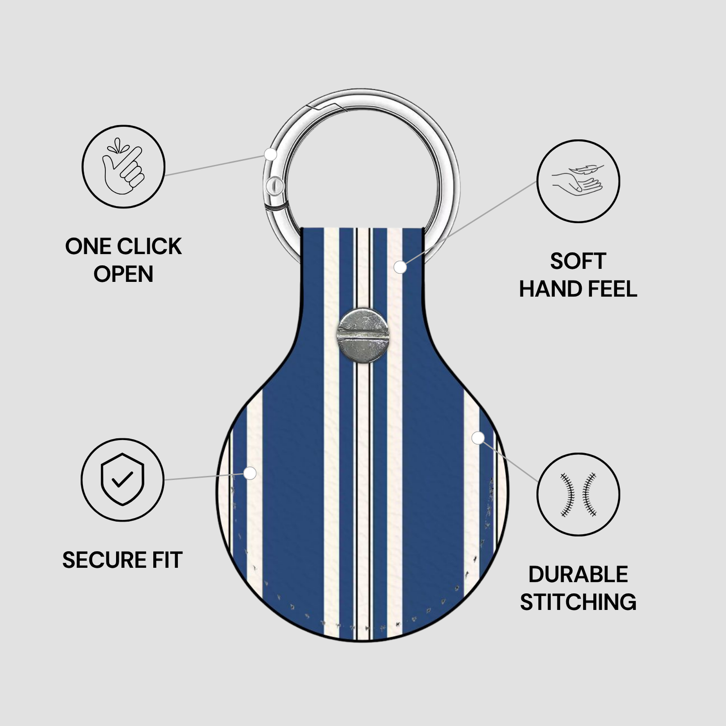 Keychain with features highlighted on a gray background