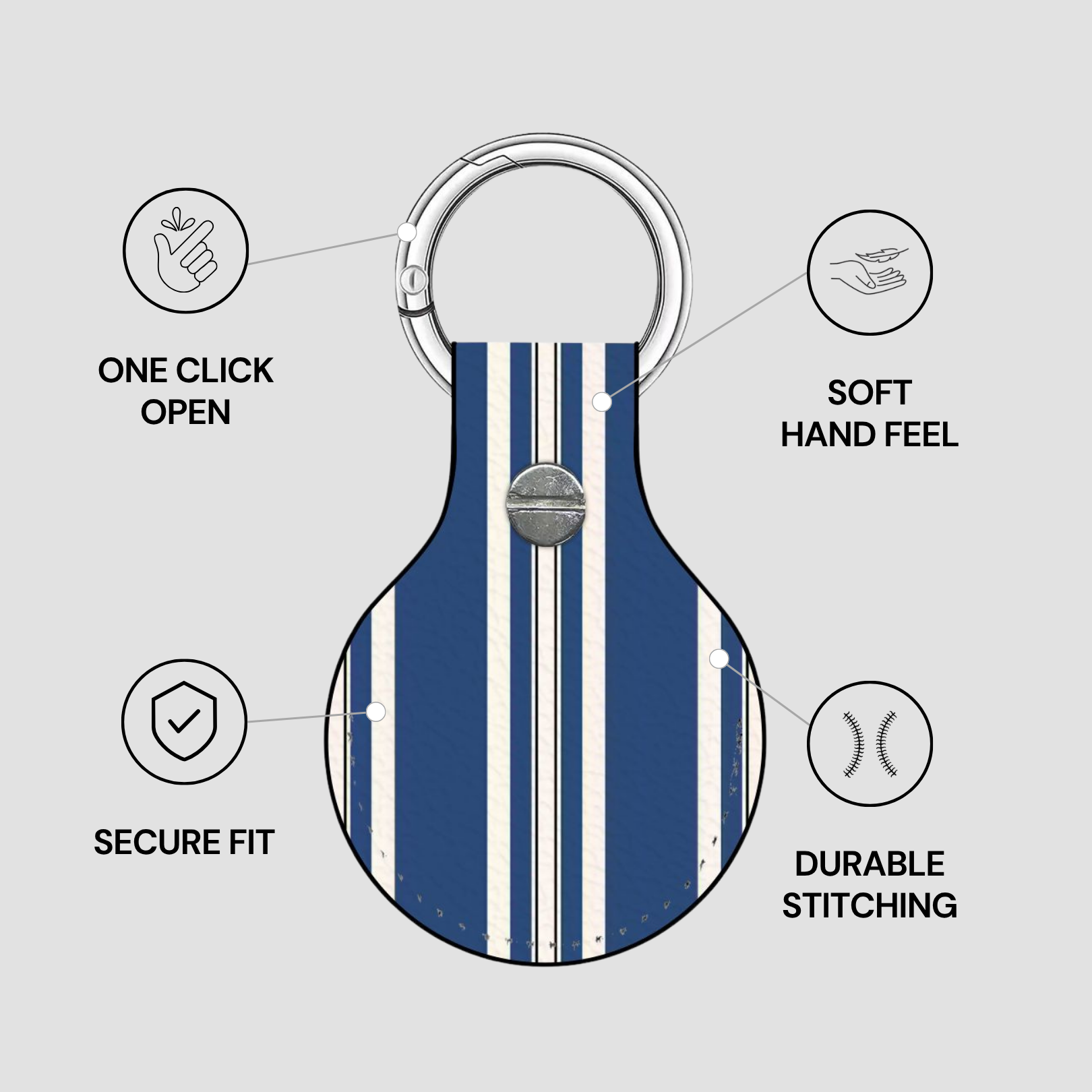 Keychain with features highlighted on a gray background