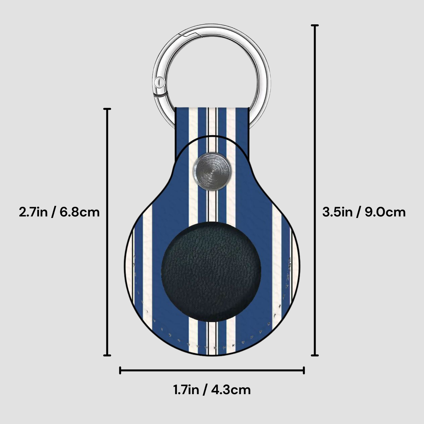 Keychain with blue and white striped design and black circular component, shown with measurements on a gray background.