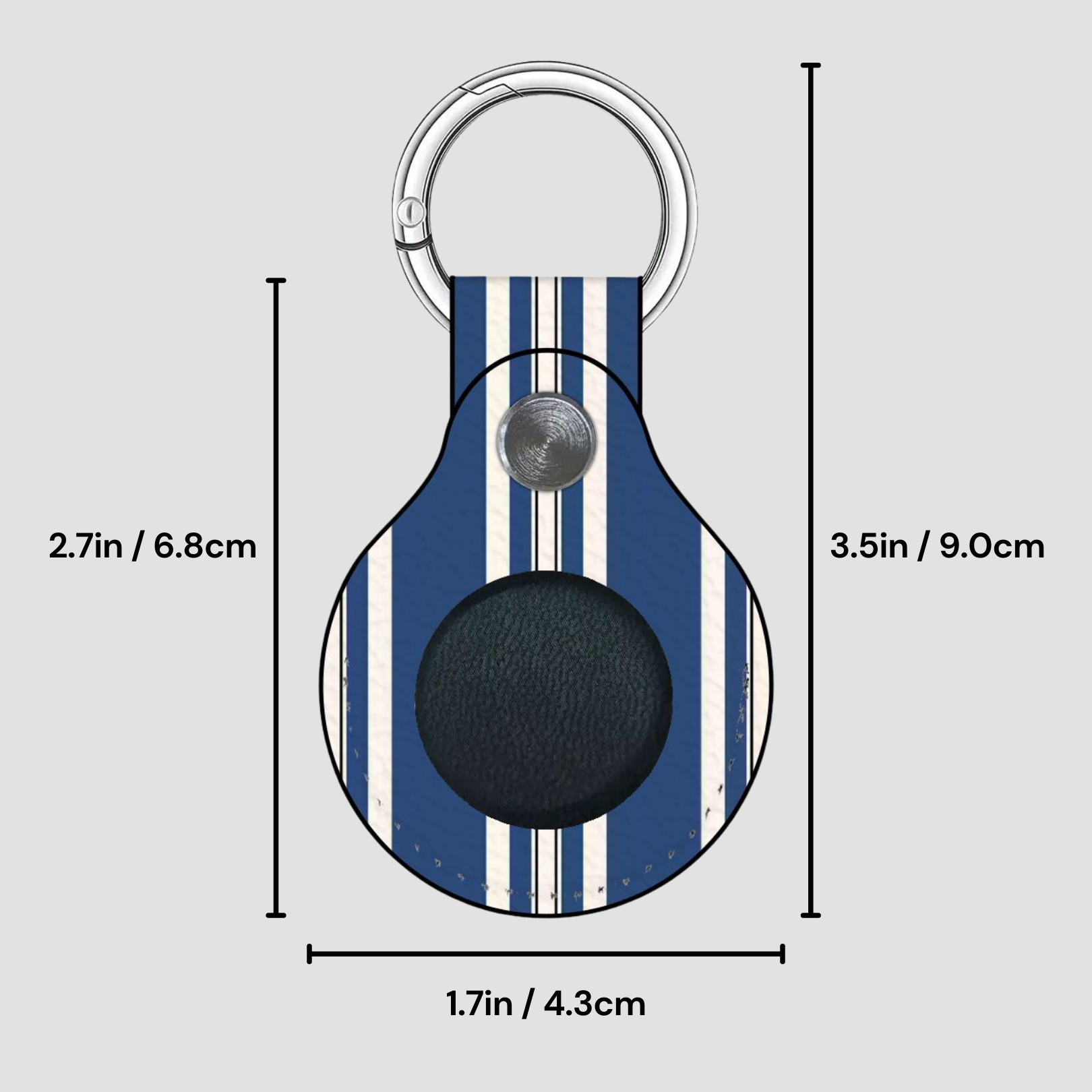 Keychain with blue and white striped design and black circular component, shown with measurements on a gray background.