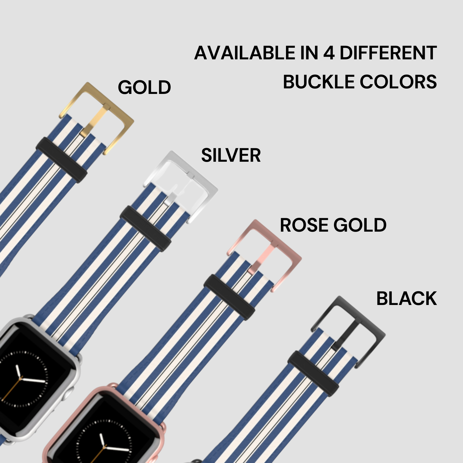 Watch straps in gold, silver, rose gold, and black with text indicating color options.